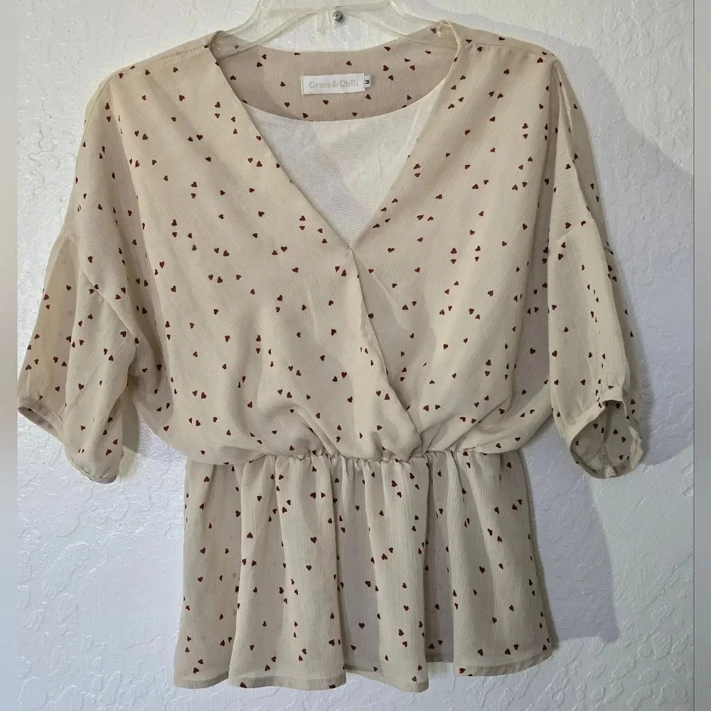 Grace & Chili | Beige Blouse with Hearts Sz M